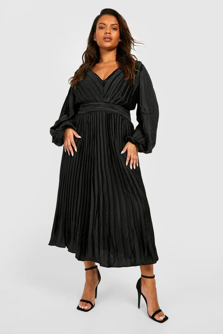שחור שמלת מידקסי סאטן עם קפלים ומחשוף, מידות גדולות image number 1