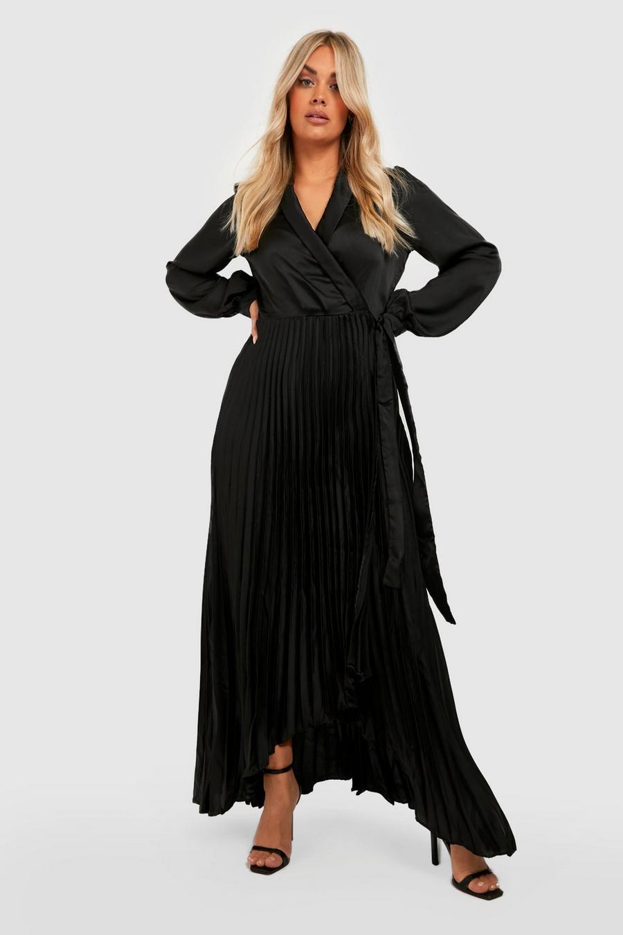 Black Plus Satin Pleated Wrap Belted Maxi Dress image number 1