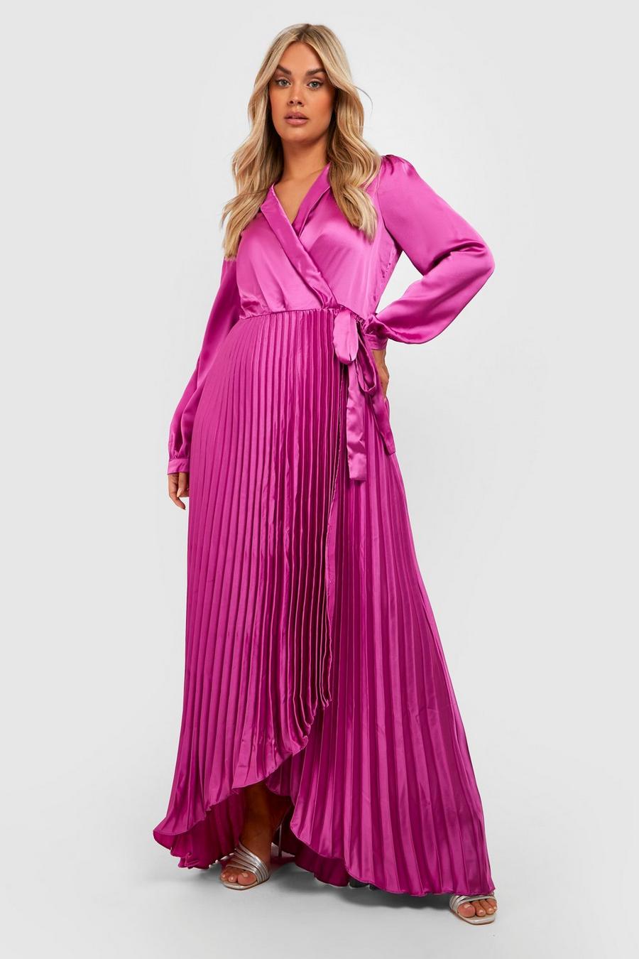 Magenta Plus Satin Pleated Wrap Belted Maxi Dress image number 1