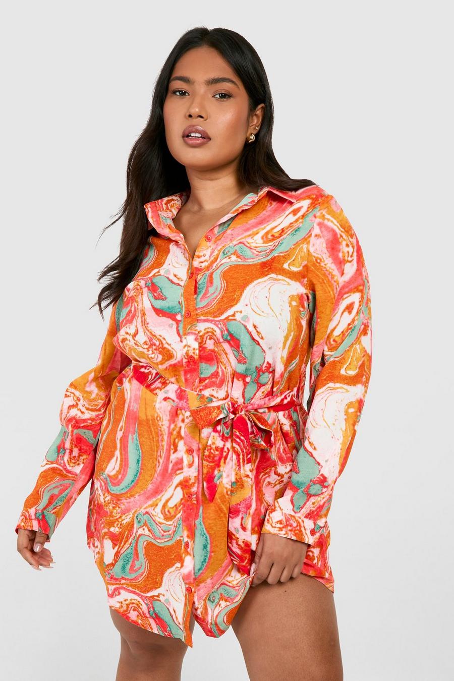Grande taille - Robe chemise à imprimé marbre, Orange image number 1