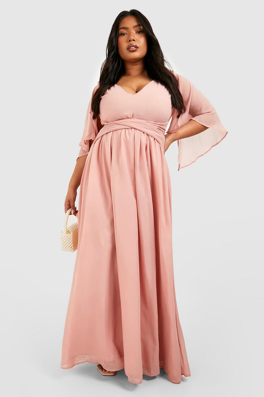 Blush pink Plus Bridesmaid Chiffon Angel Sleeve Wrap Maxi Dress