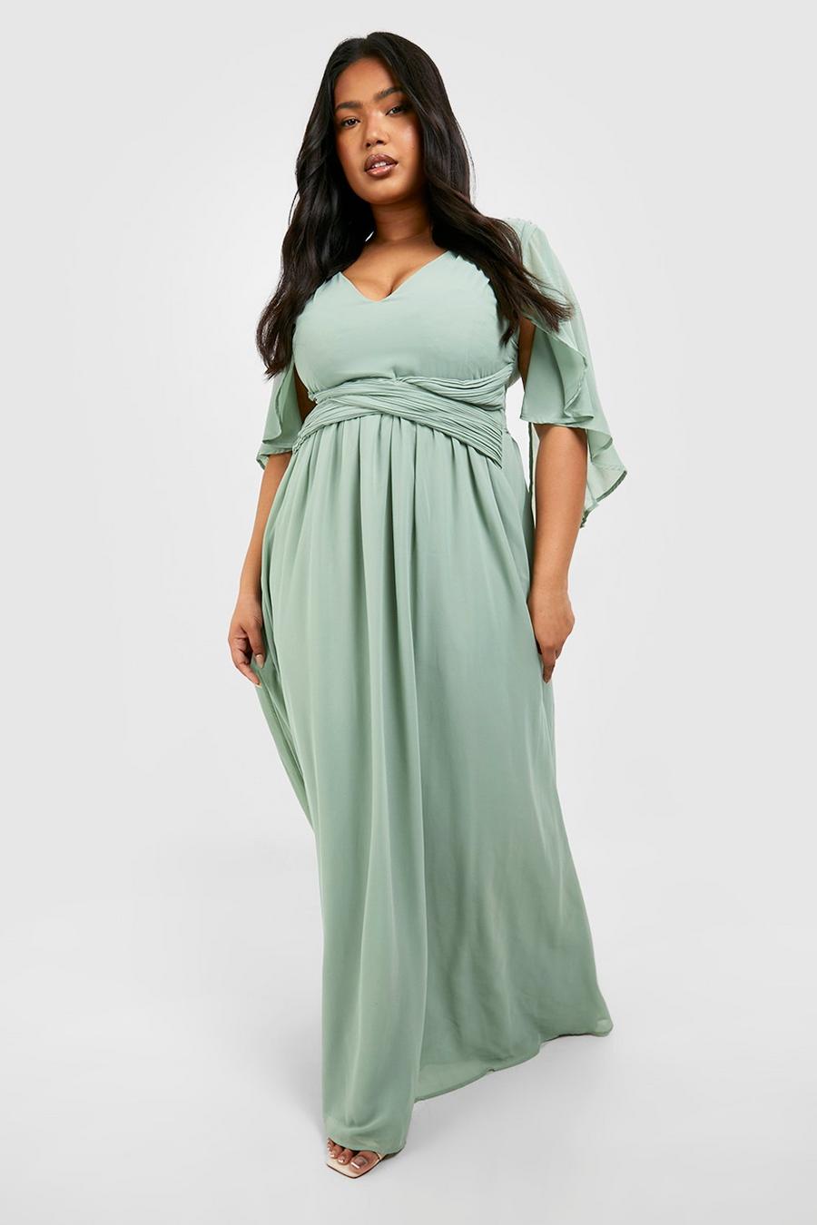 Sage green Plus Bridesmaid Chiffon Angel Sleeve Wrap Maxi Dress 