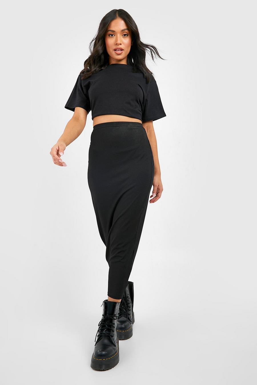 Black Petite Basic Midi Jersey Knit Tube Skirt