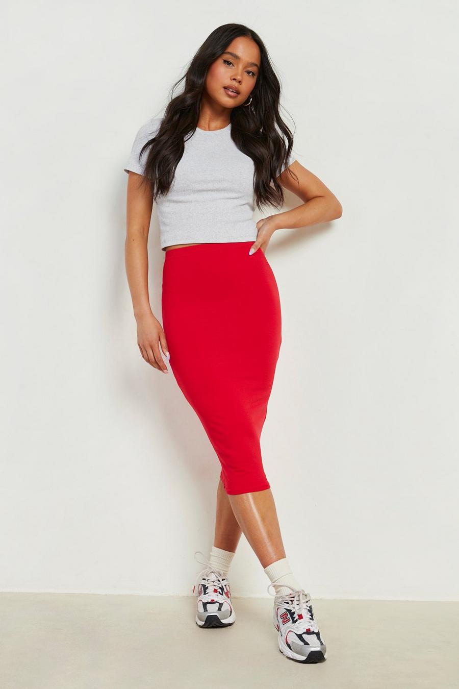 Red Petite Basic Midi Jersey Knit Tube Skirt image number 1