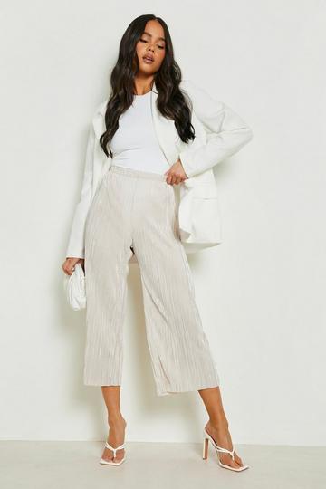 Petite Plisse Wide Leg Culotte Broek stone