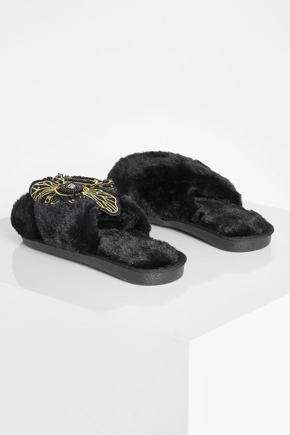 Women s Embellished Bumble Bee Faux Fur Slipper Boohoo UK