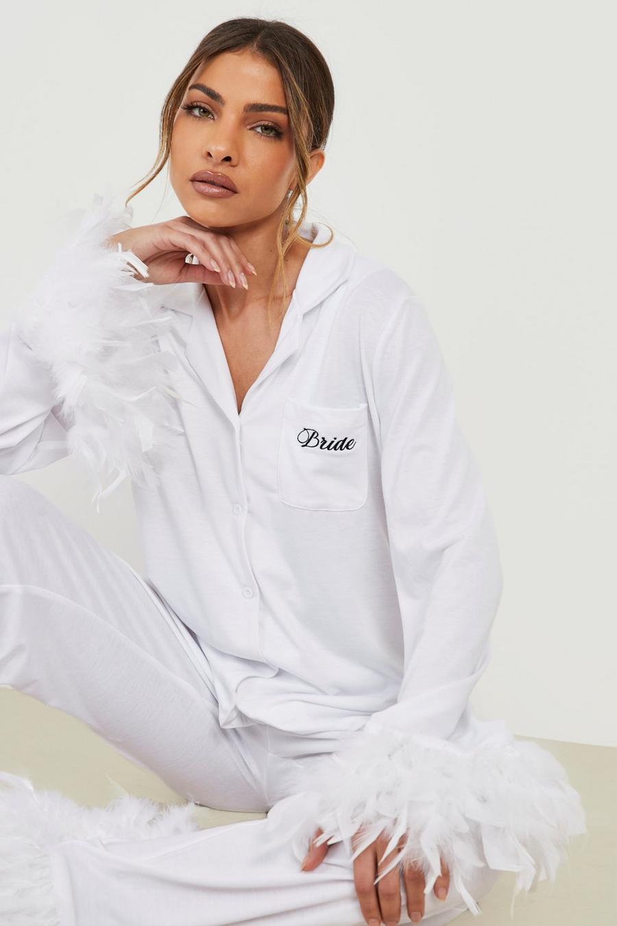 Pijama de pantalón y tela jersey Premium con plumas Bride, White bianco