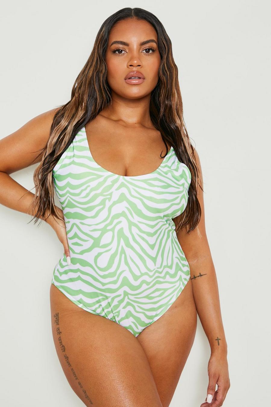 Lime green Plus Zebra Scoop Swimsuit image number 1