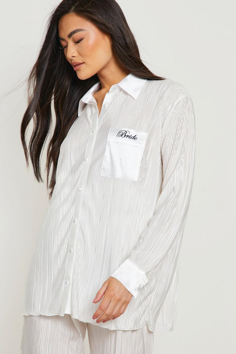 Pijama de pantalón largo plisado con bordado Bride, White bianco