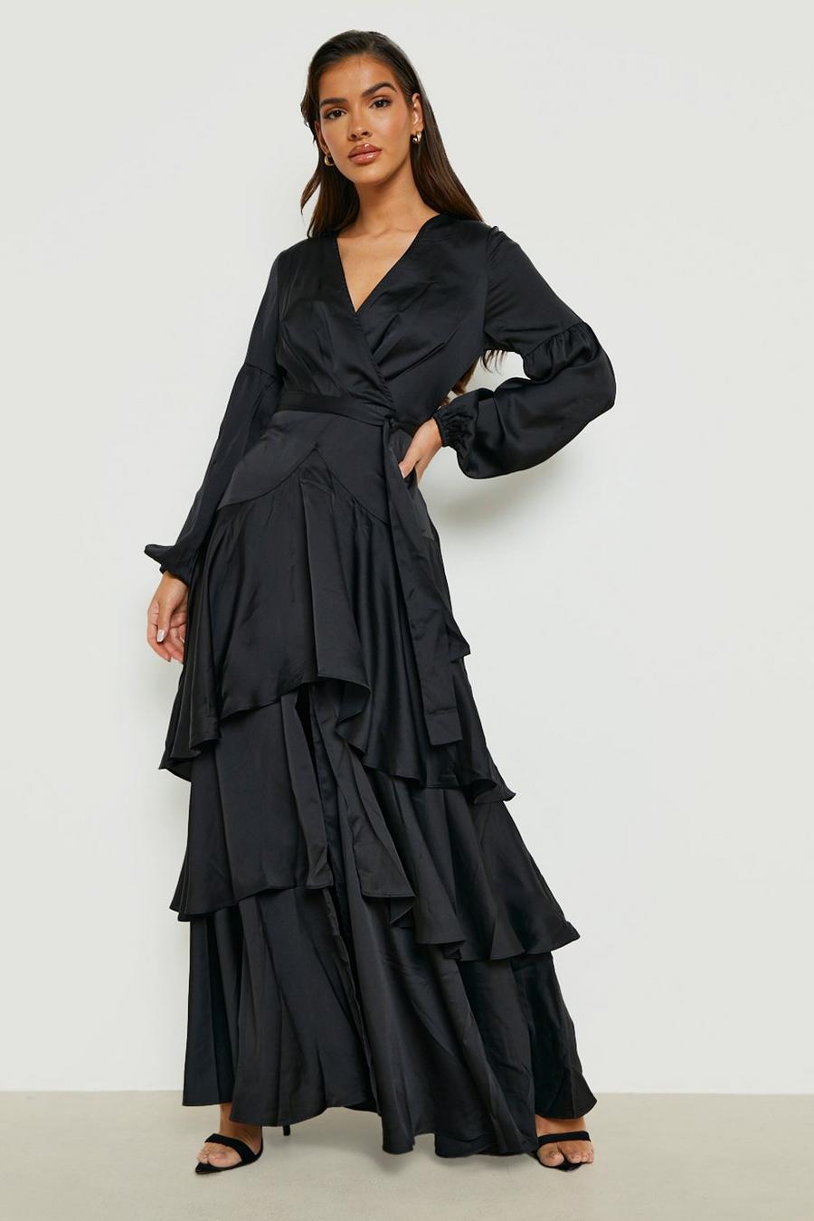 Black Satin Tie Front Tiered Maxi Dress  image number 1