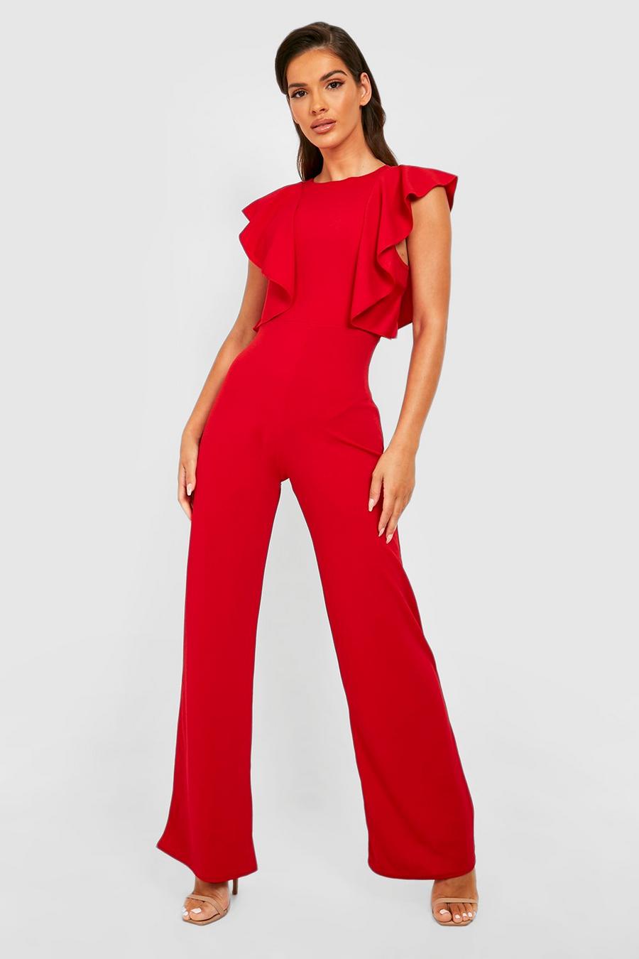 Red Ruffle Sleeve Wide Leg Jumpsuit image number 1
