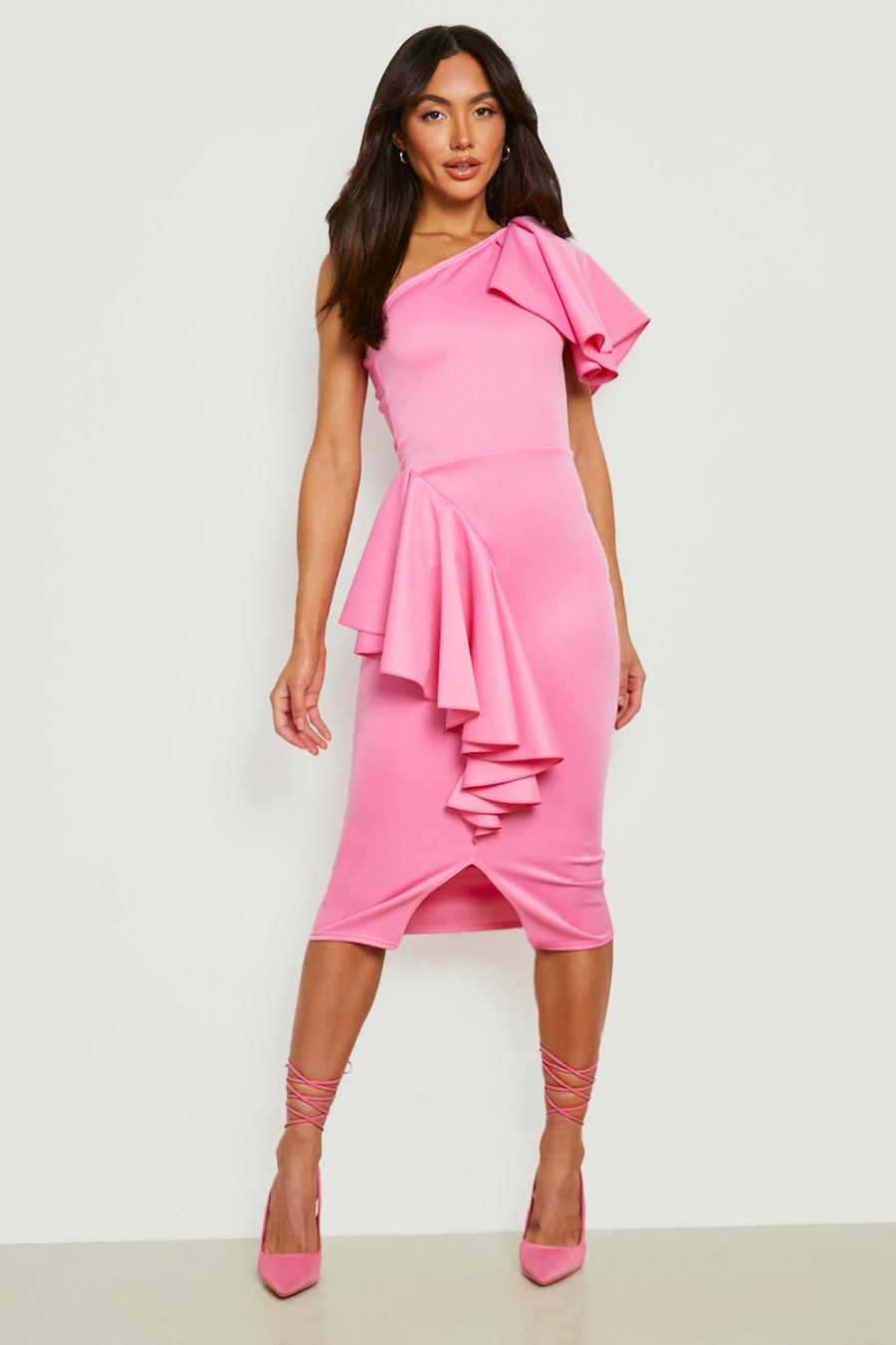 Pink One Shoulder Ruffle Midi Dress