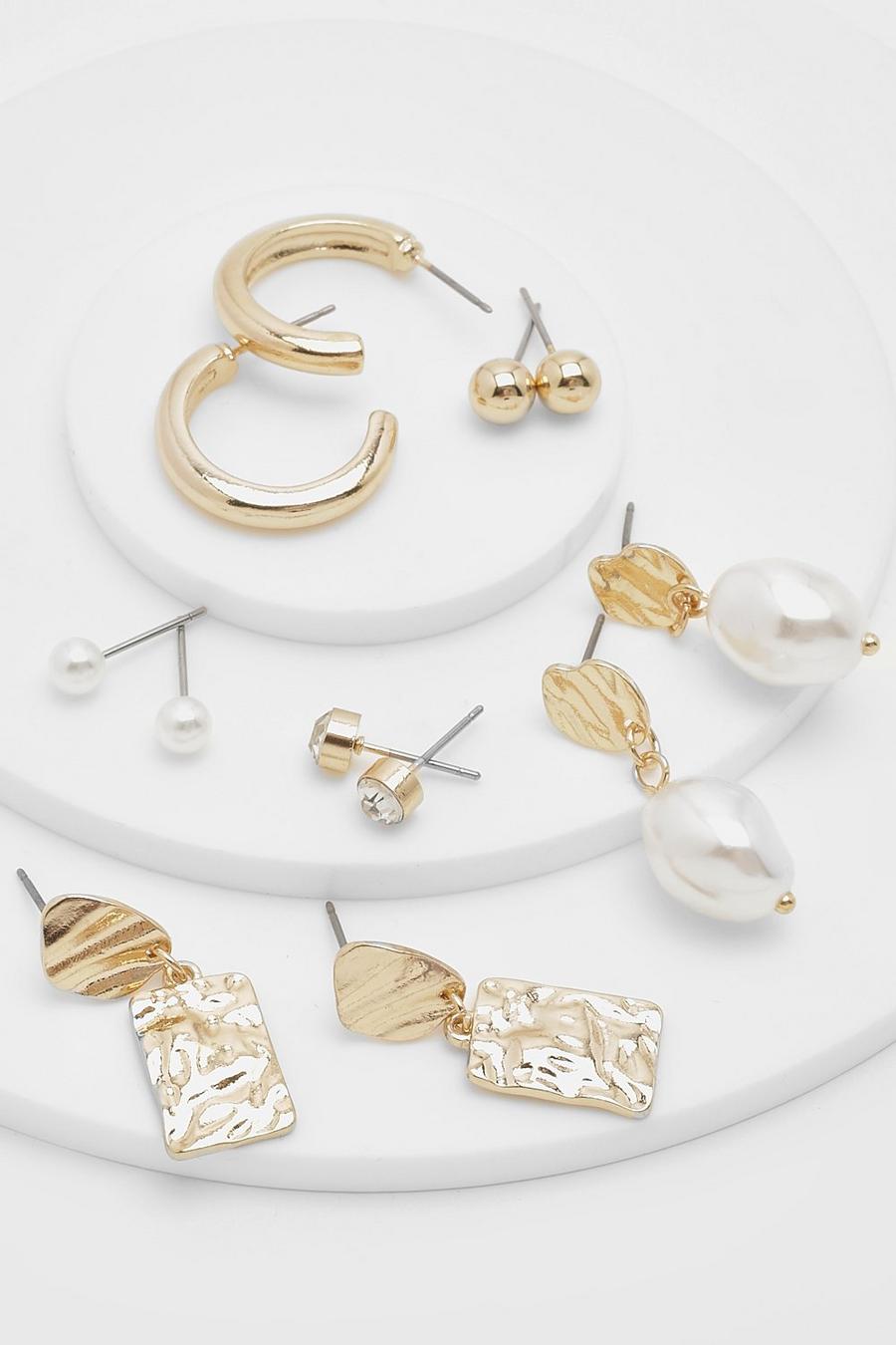 Pack de 6 pares de pendientes dorados martillados con perlas de imitación, White blanco