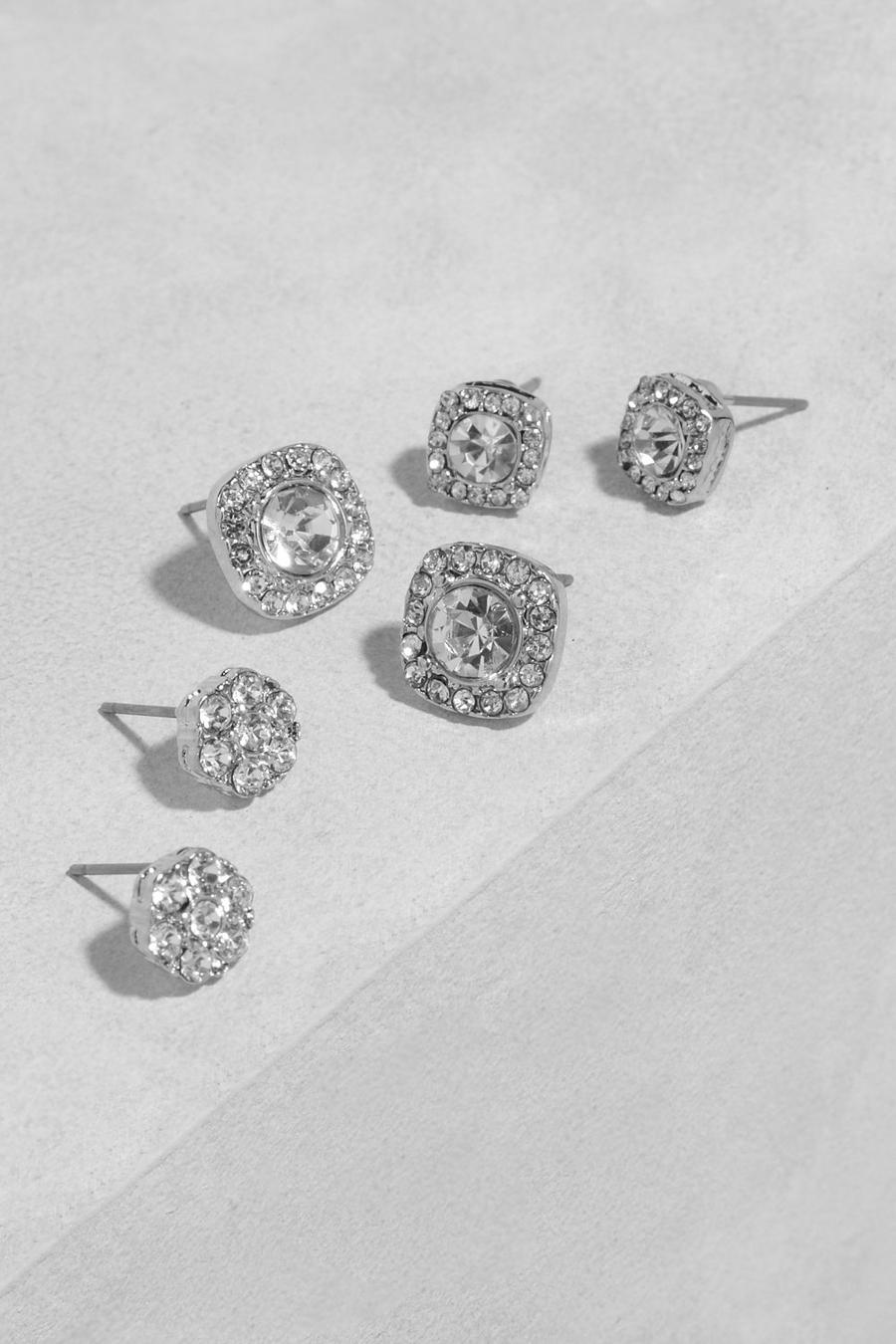 Silver Square Diamante Stud 3 Pack image number 1