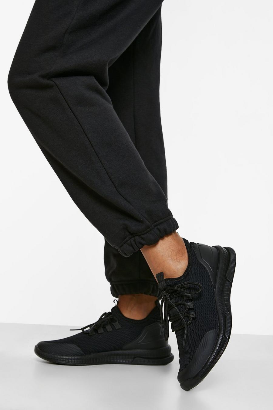 Black Knitted Tab Tonal Lace Up Sports Trainer