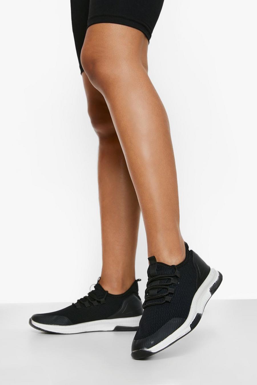 Black Knitted Tab Detail Lace Up Sports Trainer
