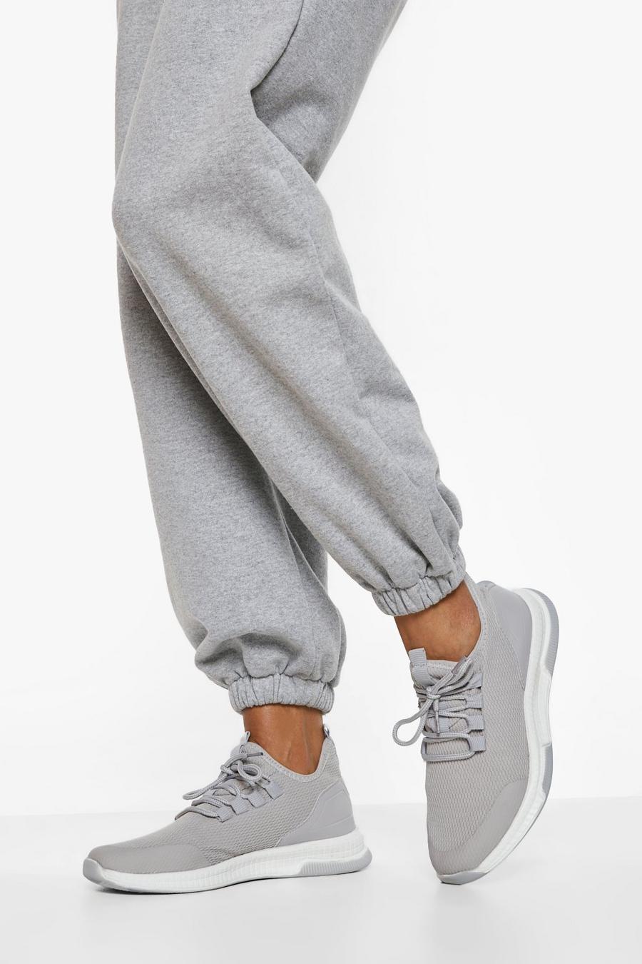 Scarpe da ginnastica sportive con etichetta in maglia e lacci, Grey grigio
