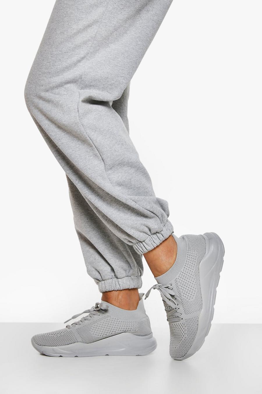 Sneaker a calza in maglia con lacci e suola spessa, Grey grigio