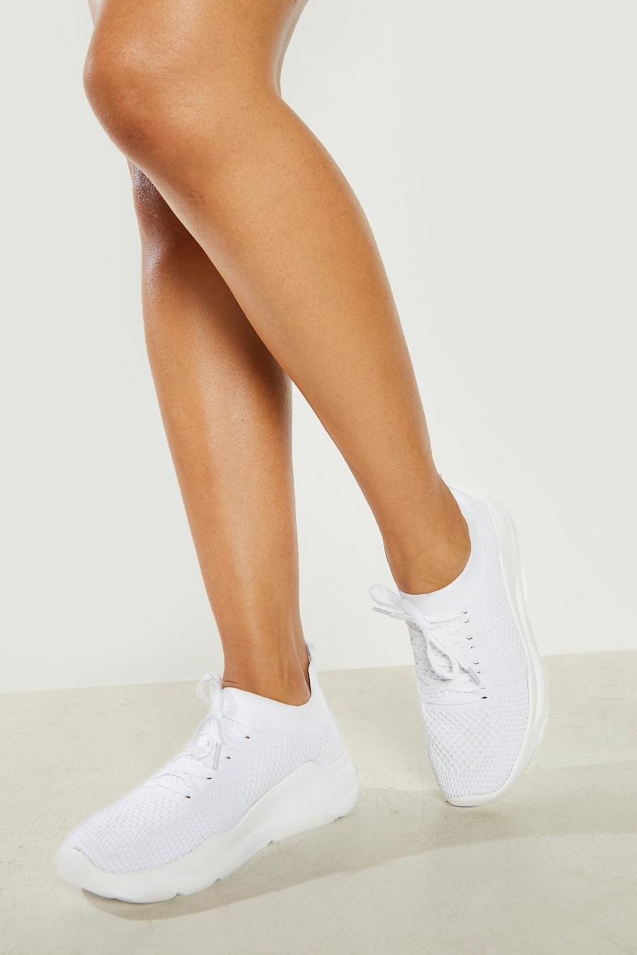 לבן נעלי ספורט סרוגות עבות בסגנון גרב עם שרוכים  image number 1