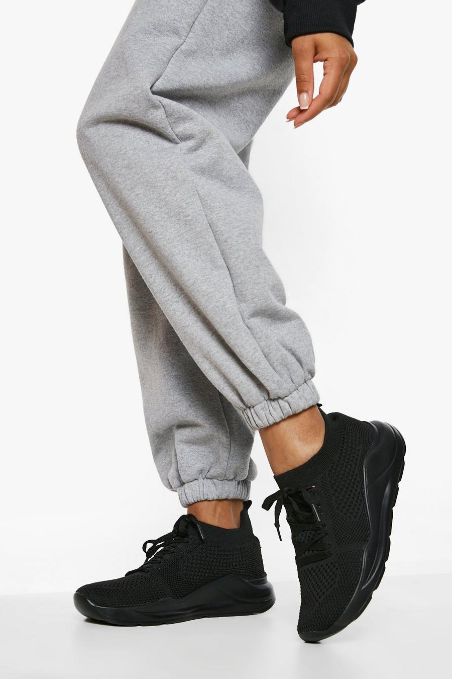 Sneaker a calza in maglia con suola spessa e lacci, Black nero