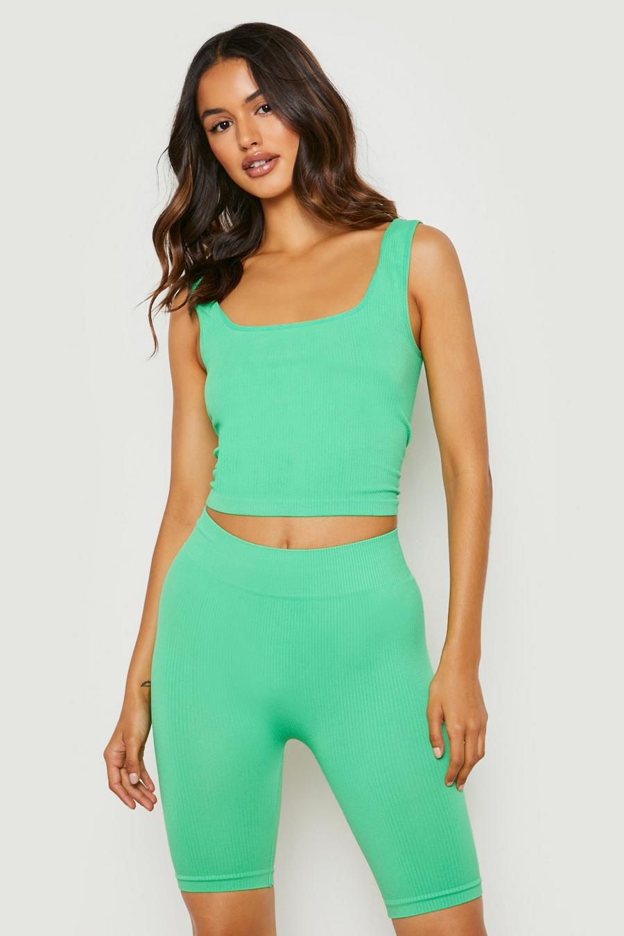 Green Seamless Ribbed Square Neck Crop Top image number 1