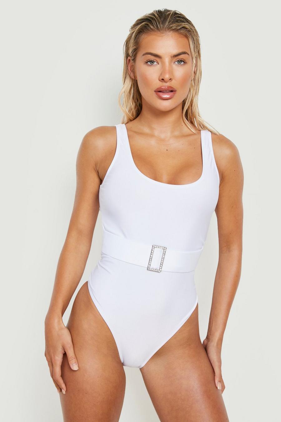 White Scoop Neck Rhinestone Buckle Belted Swimsuit image number 1