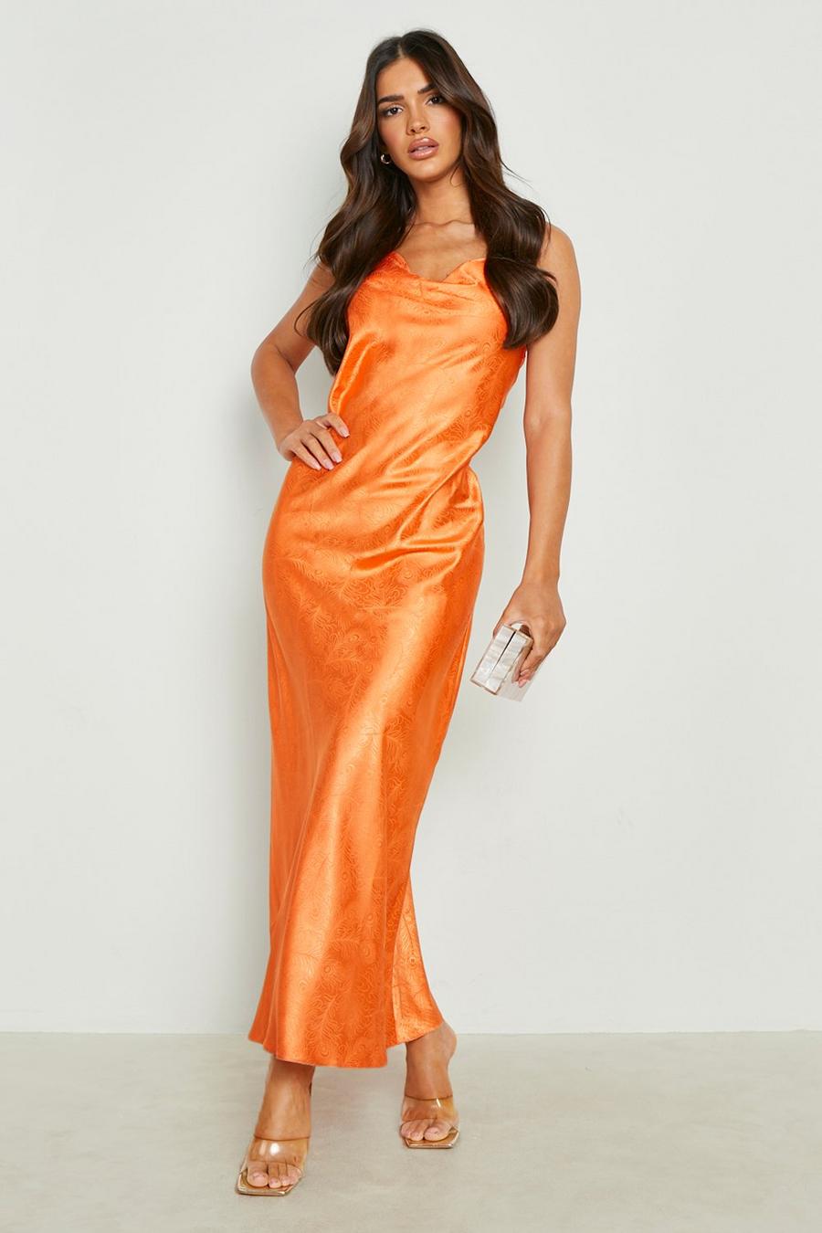 Vestido maxi de raso y jacquard con escote plisado, Orange arancio
