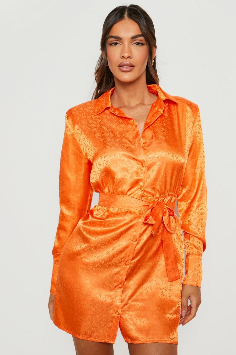 Orange Jacquard Satin Shirt Dress