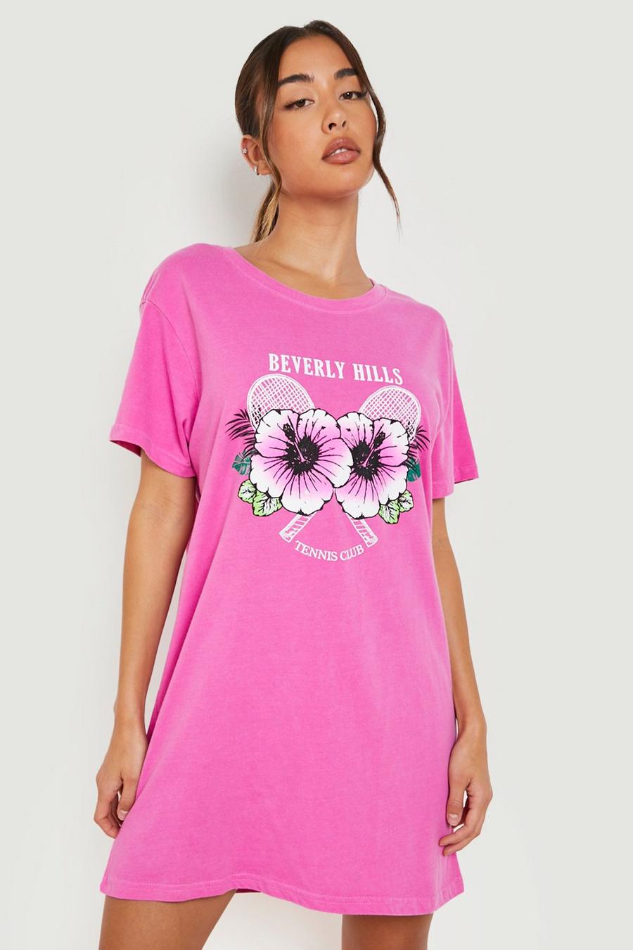 Hot pink Beverly Hills Flower Slogan T-shirt Dress