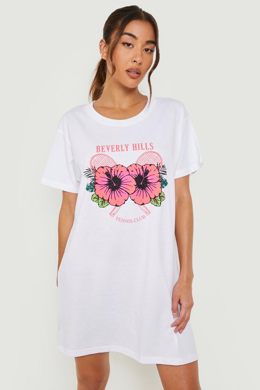 Vestido camiseta con eslogan de Beverly Hills y flores, White bianco