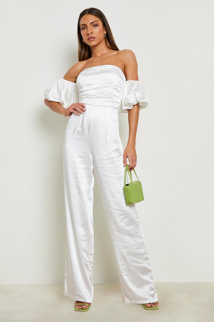 White Satin Puff Sleeve Wide Leg Jumpsuit image number 1