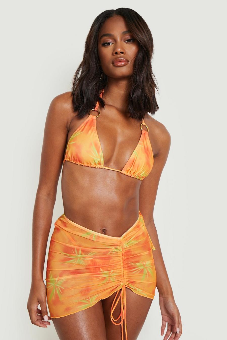 Orange Tie Dye Ruched Mesh Beach Skirt image number 1
