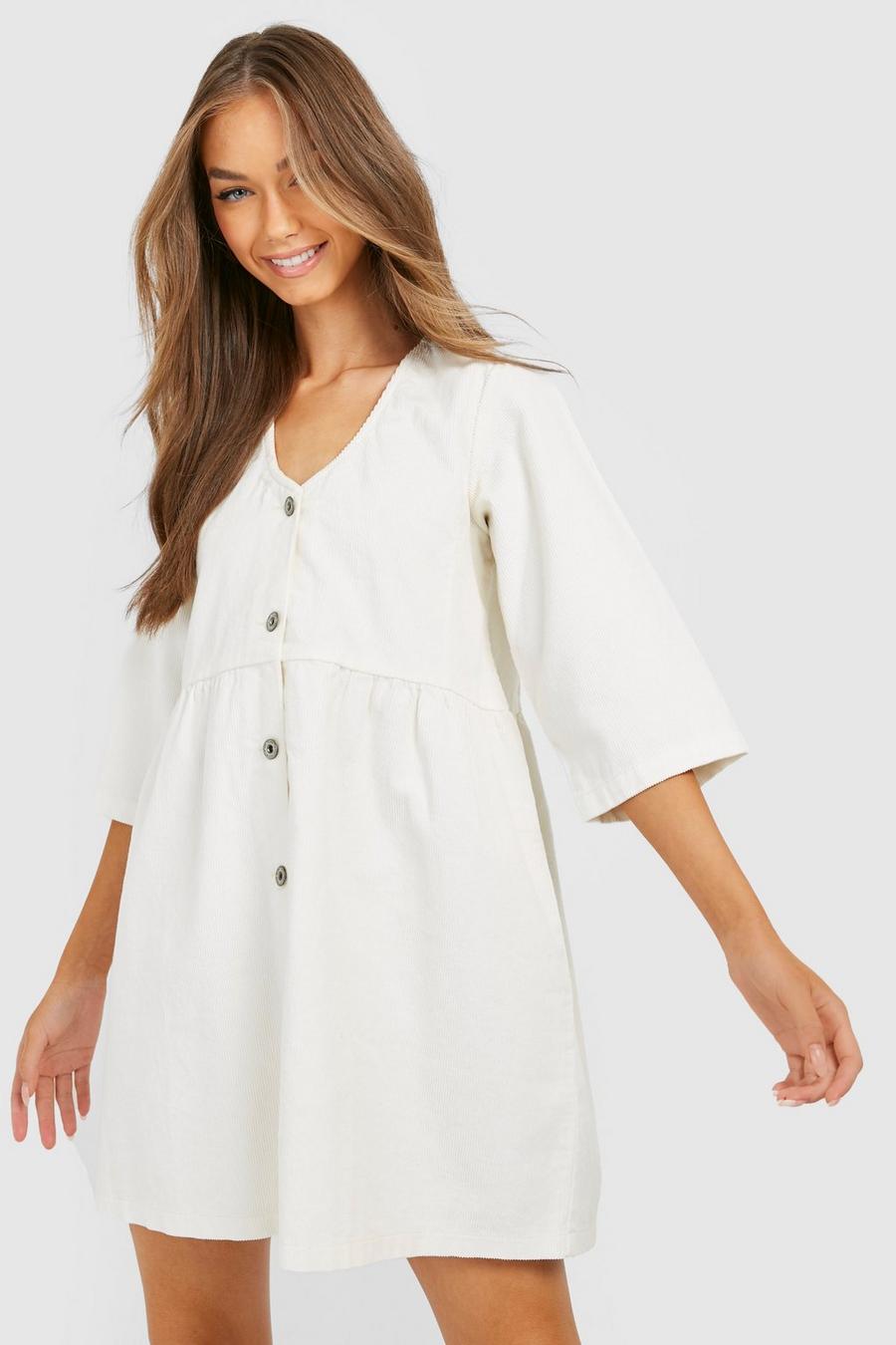 Vestido holgado de pana con botones, Ecru blanco image number 1