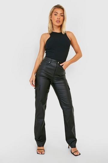 Pu Coated Denim High Waisted Cargo Jeans black