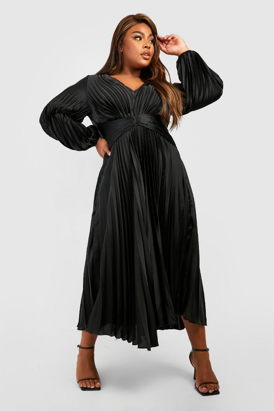 Black negro Plus Satin Pleated Midaxi Dress image number 1