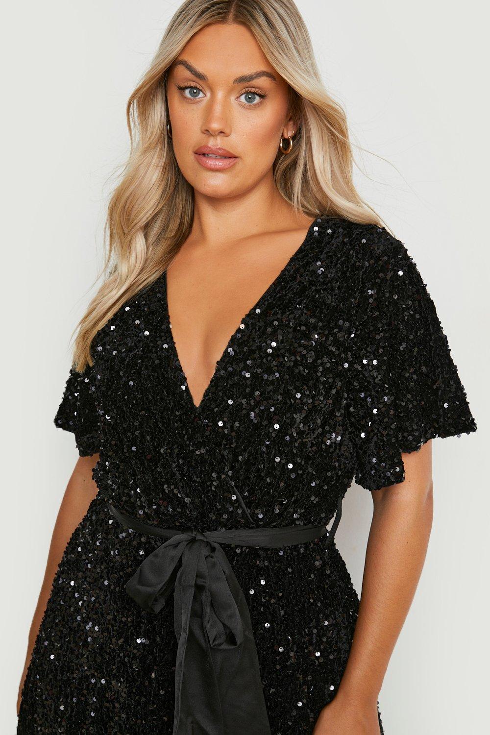 Plus Velvet Sequin Tie Belt Skater Dress boohoo