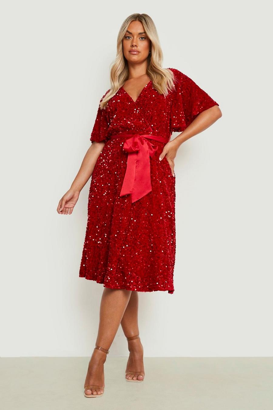 אדום שמלת סקייטר מקטיפה עם פייטים וחגורת קשירה, מידות גדולות image number 1