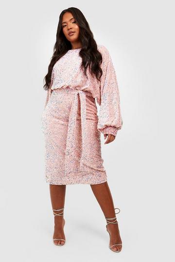 Plus Fluwelen Glitter Midi Jurk Met Pailletten, Shirtmouwen En Ceintuur baby pink