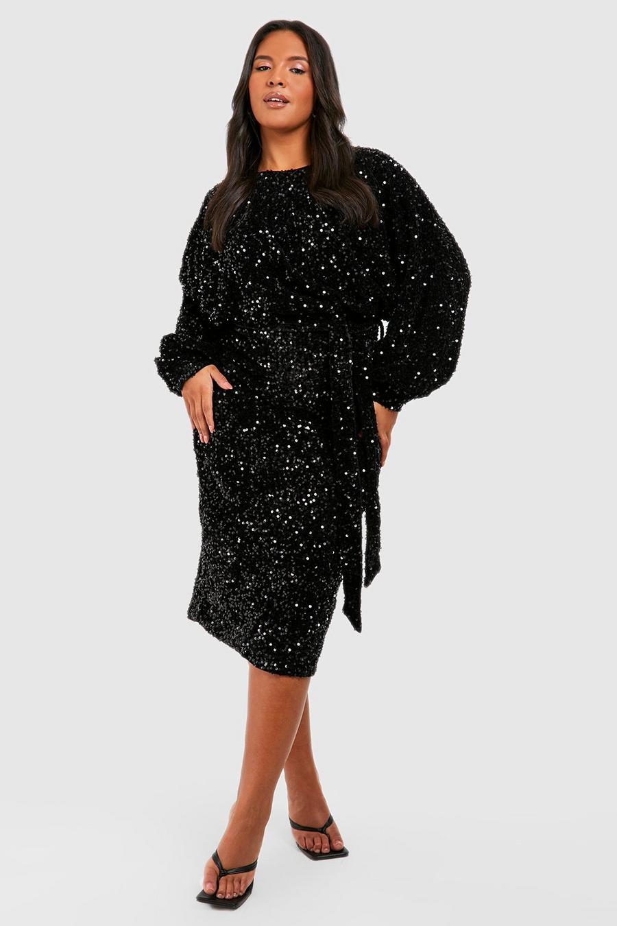 שחור שמלת מידי מקטיפה עם פייטים, חגורה ושרוולי בלוזון, מידות גדולות image number 1