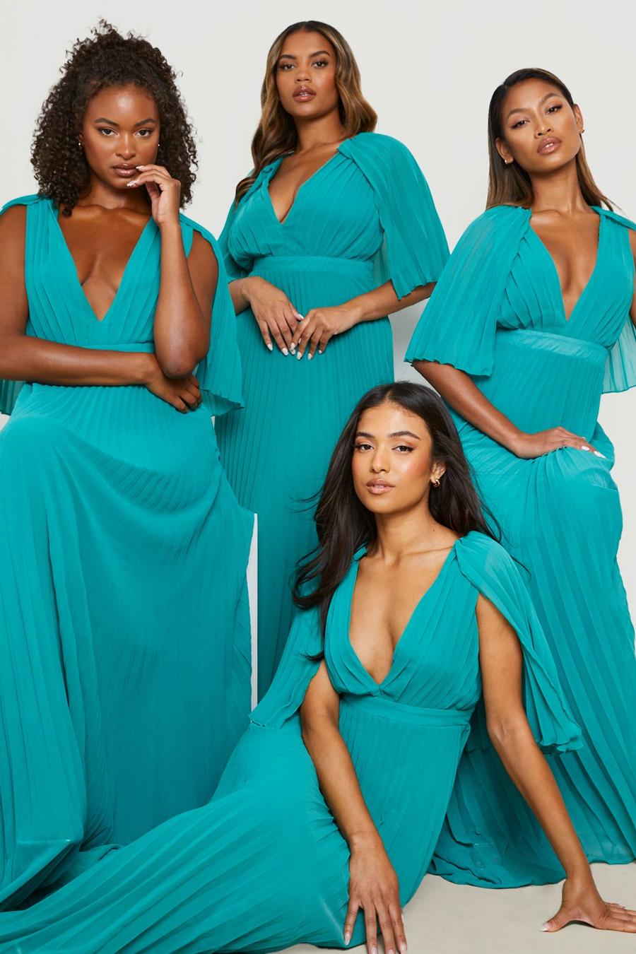 Emerald green Tall Pleated Cape Bridesmaid Maxi Dress image number 1