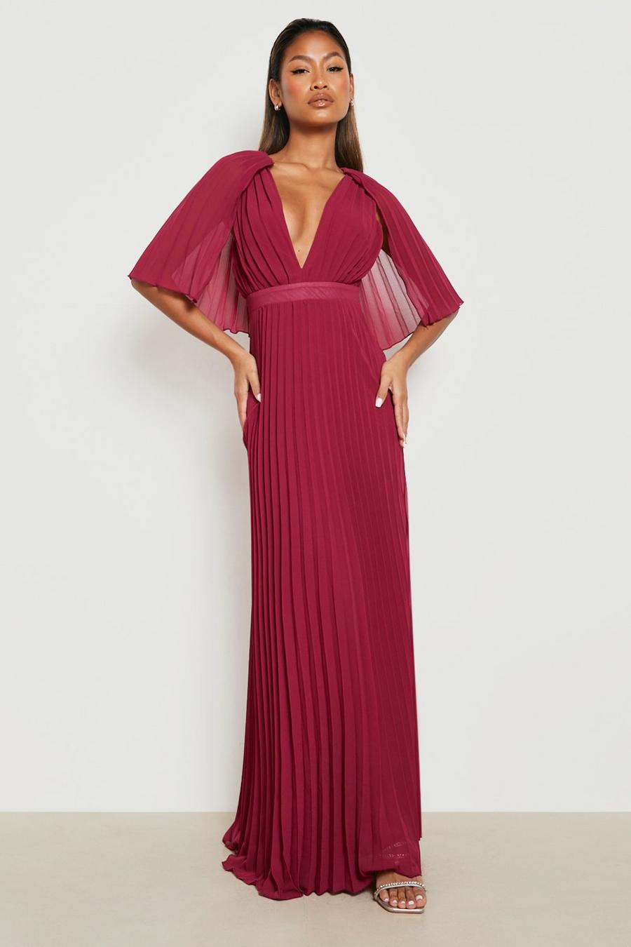 Berry Pleated Cape Detail Bridesmaid Maxi Dress image number 1