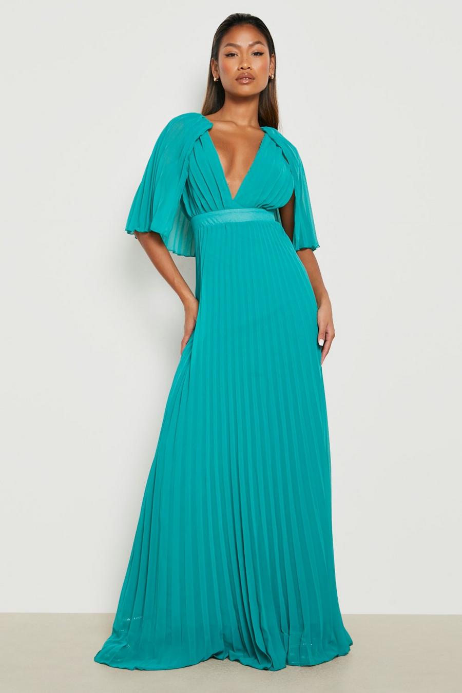 Emerald Pleated Cape Detail Bridesmaid Maxi Dress image number 1
