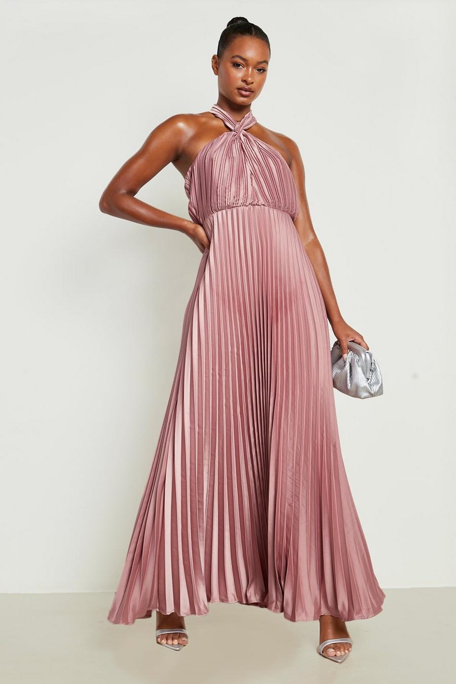 Blush pink Tall Bridesmaid Halter Neck Plisse Maxi Dress image number 1