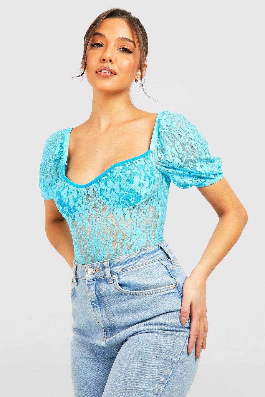 Blue Puff Sleeve Lace Bodysuit image number 1