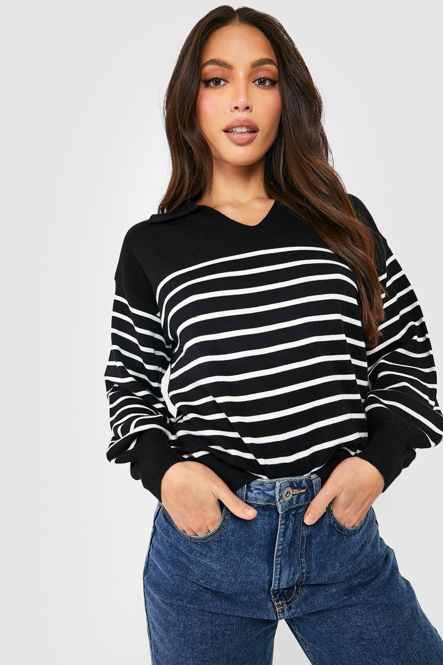 Black Tall Stripe Collar Detail Sweater image number 1