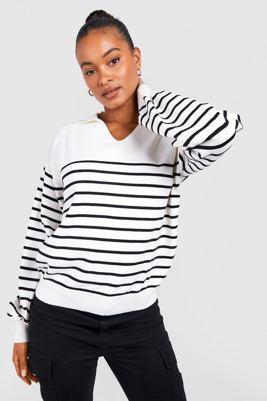 White Tall Stripe Collar Detail Sweater image number 1