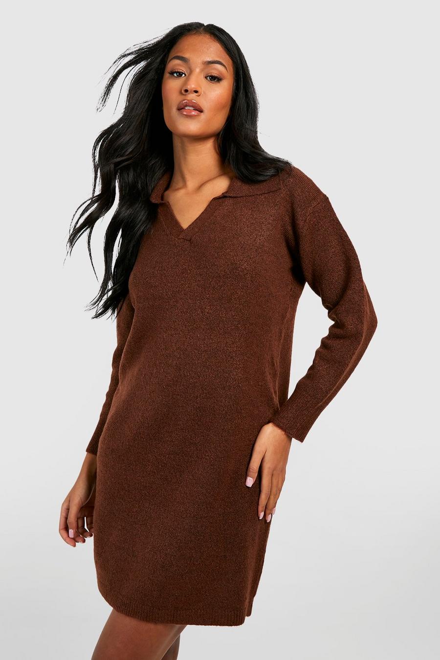 Chocolate brown Tall Soft Knit Collared Jumper Dress