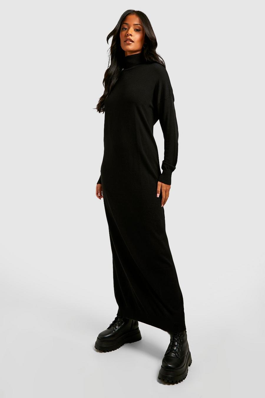 Black Tall Fine Knit Turtleneck Knitted Midi Dress