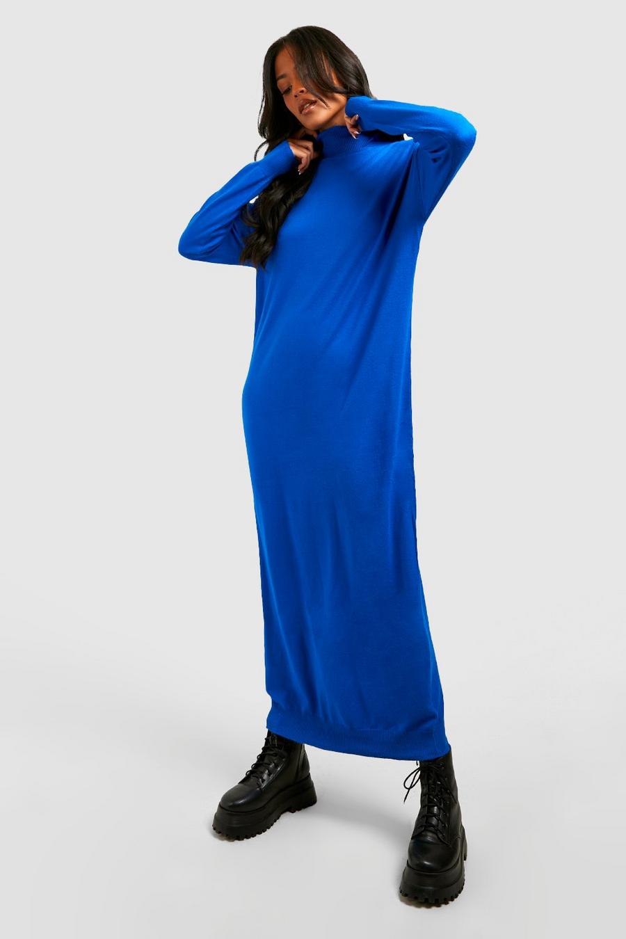 Cobalt blå Tall Finstickad lång klänning med polokrage image number 1