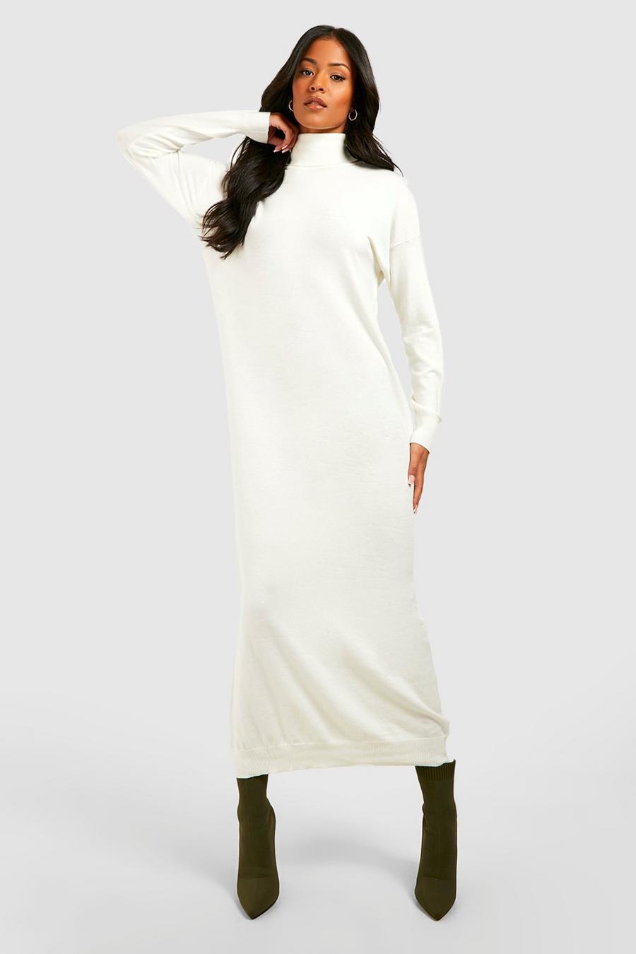 Ecru Tall Fine Knit Roll Neck Knitted Midaxi Dress image number 1